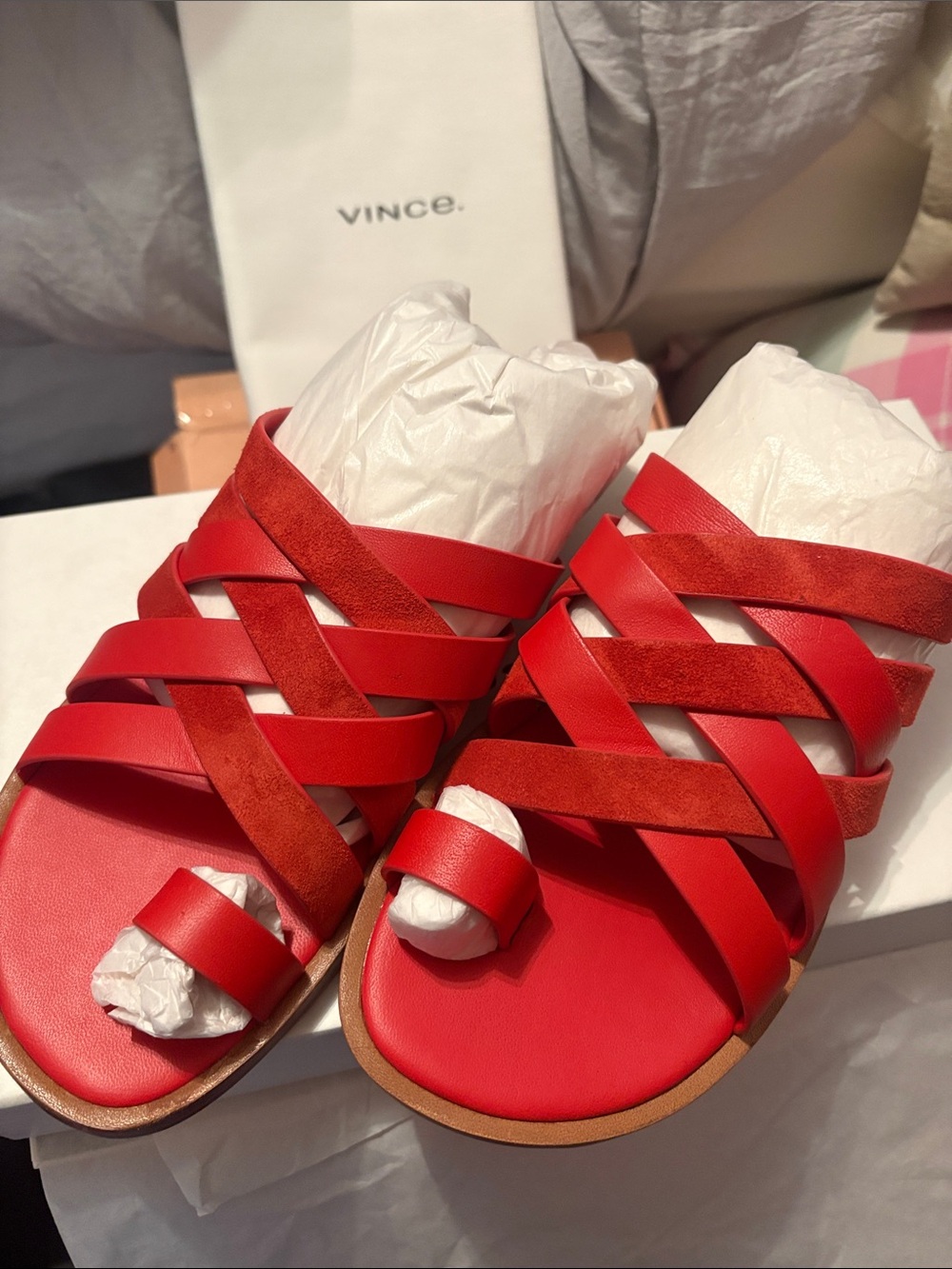 Vince Red Leather & Suede Crisscross Slide Sandals